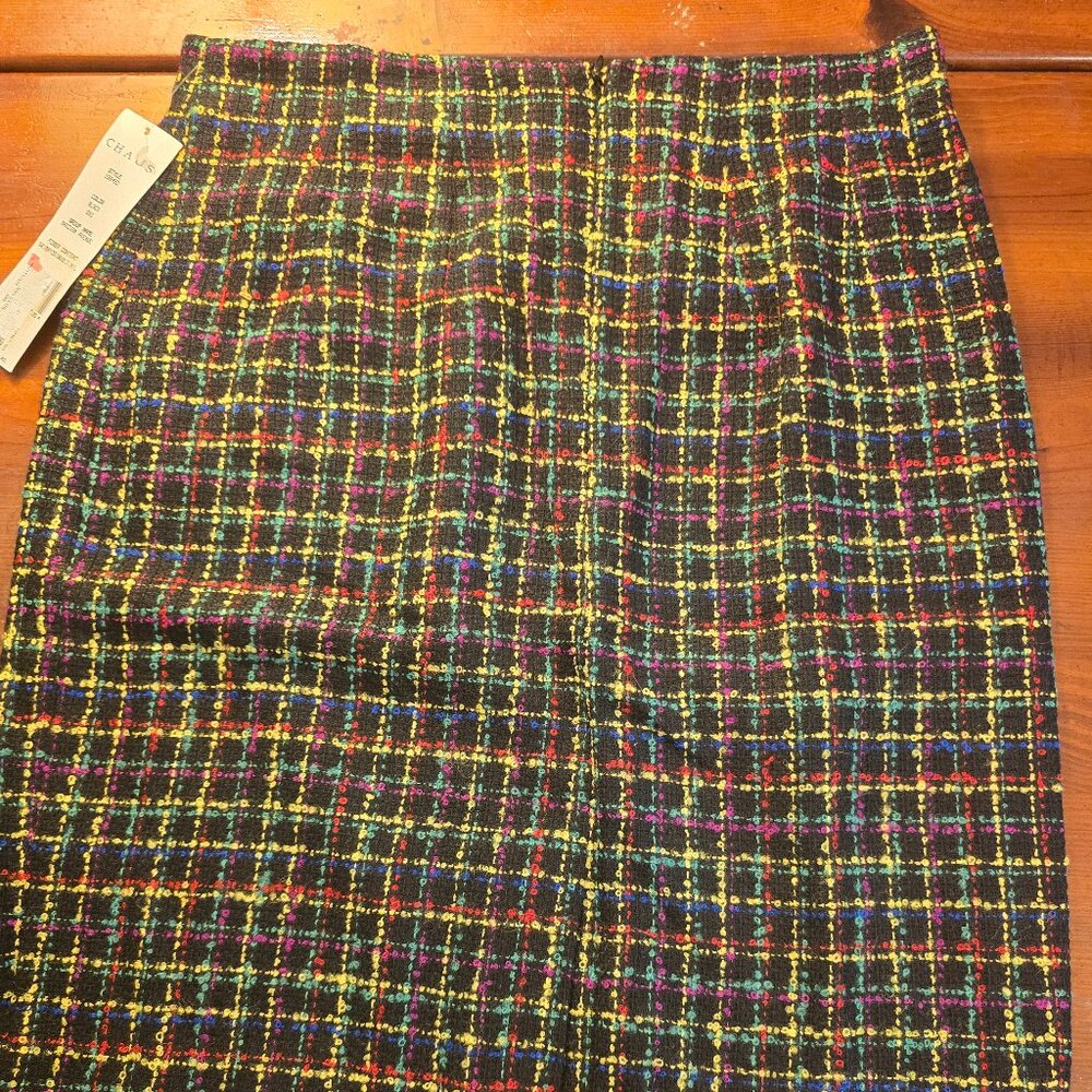Skirt Tweed Black Yellow Green Red Blue Lined A-line Chaus size 12 1990s NWT Vtg - Picture 3 of 14